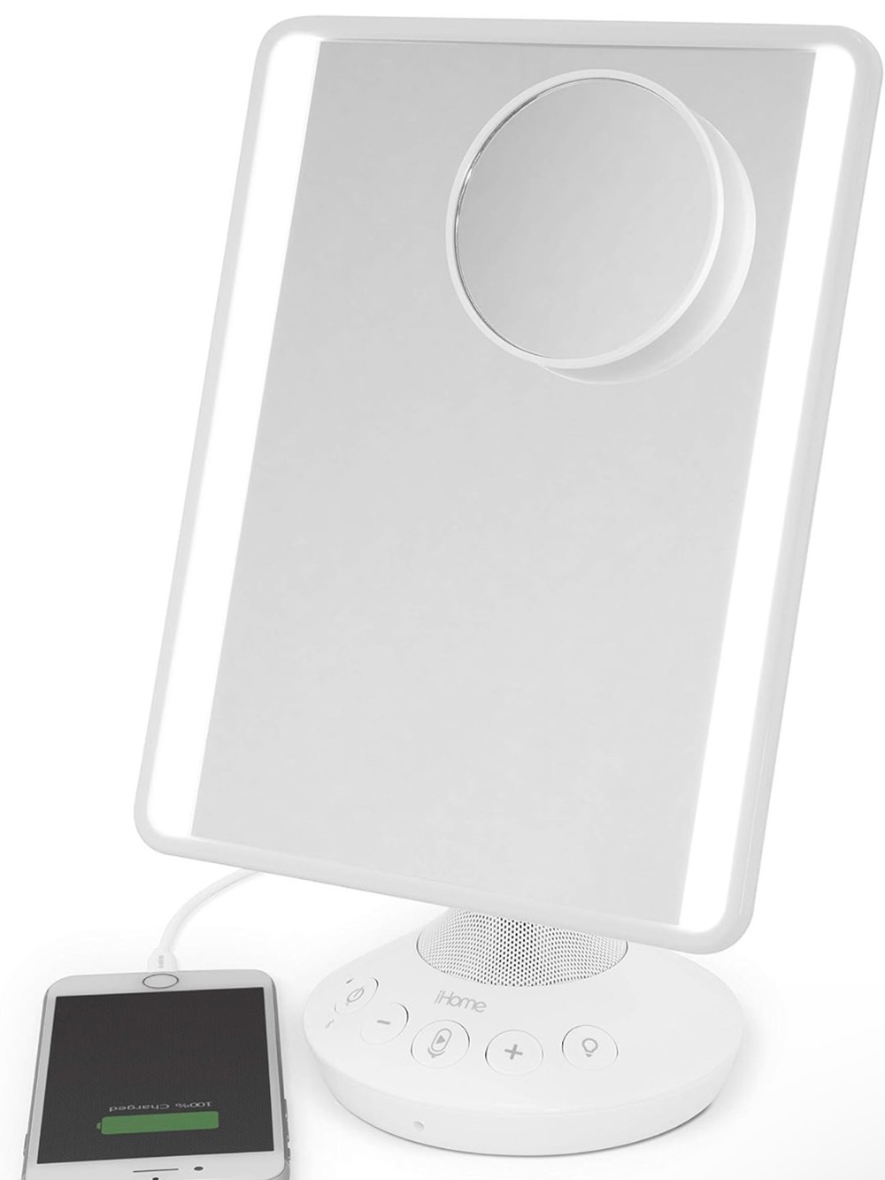 iHome White LED Vanity Mirror with Wireless Charging and Bluetooth Speaker